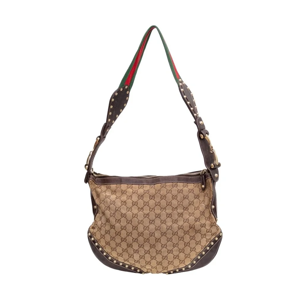 Gucci GG Canvas Pelham Horsebit Studded Hobo Bag Web Strap 153691 Brown